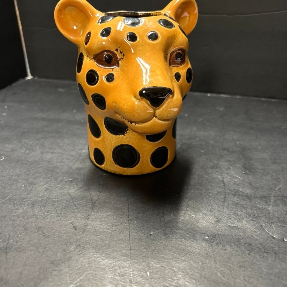 Ceramic cheetah Head Vase - Mustard Yellow with Black Spots